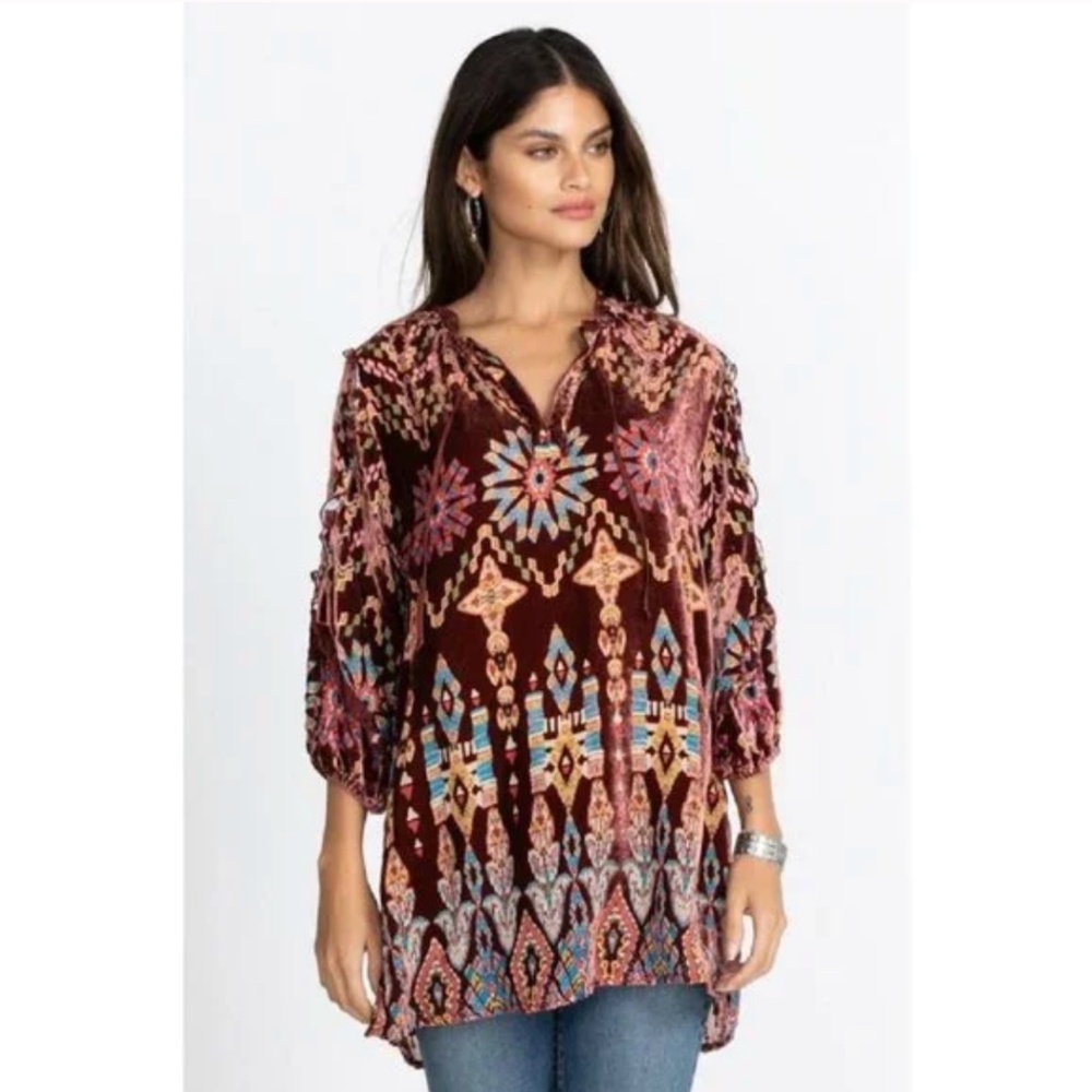 Johnny Was Geo Burnout Mali Tunic Top Burgundy Tribal Velvet Brown